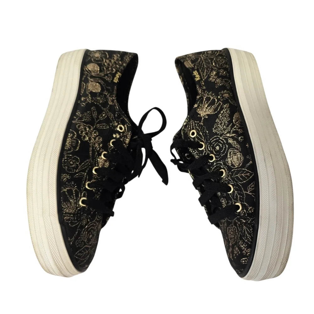 Keds Rifle Paper Co Floral Platform Sneakers‎ Black Gold Women's Size 6.5